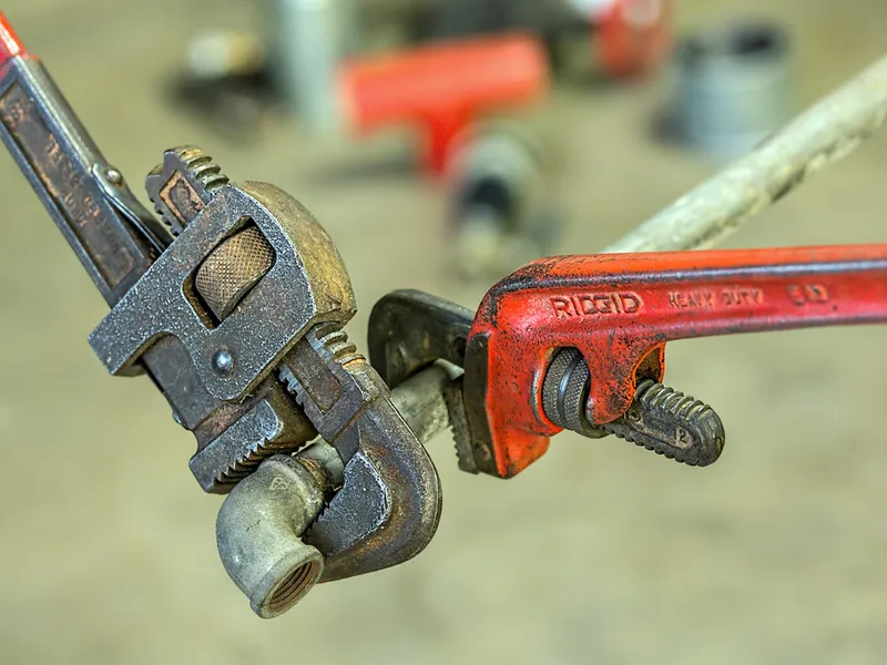 Professional pipe wrenches and fittings used for drain and sewer line work